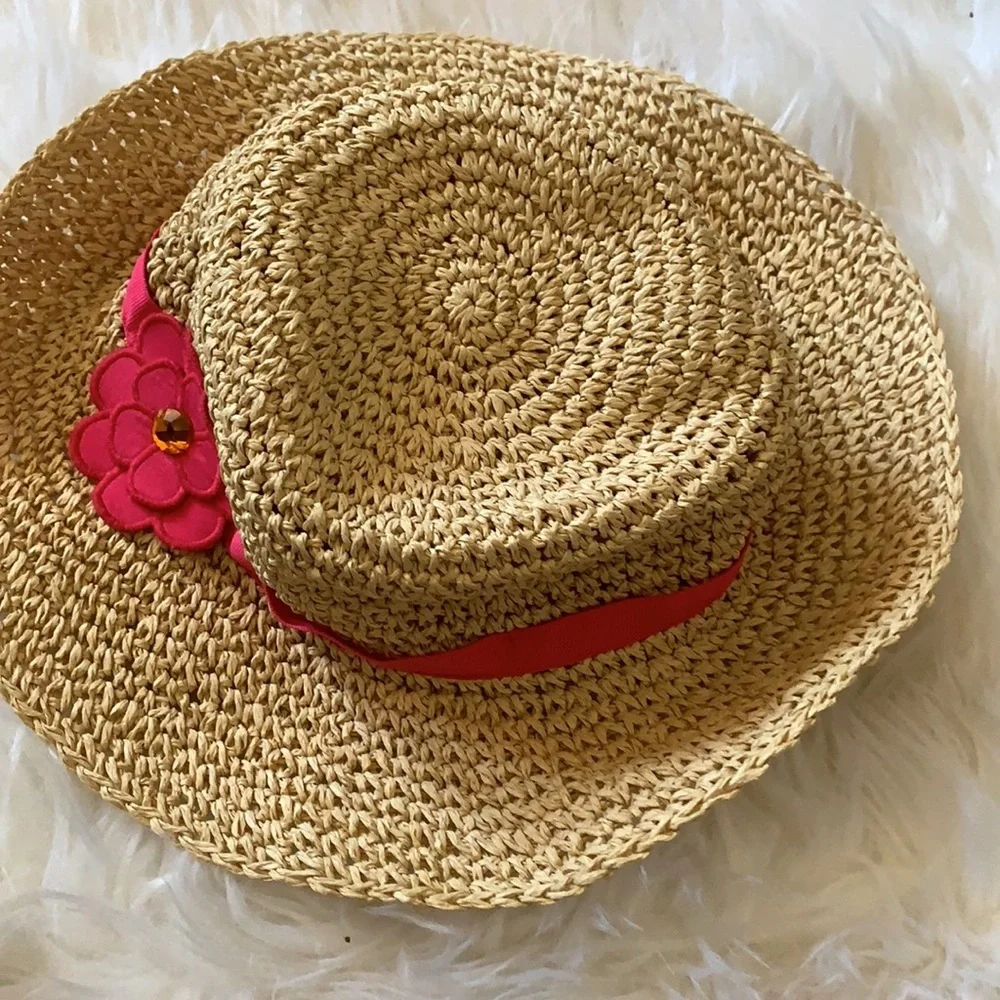 Gymboree Girls Straw Sun Hat Pink Flower Ribbon Beach Hat Size 5-7
